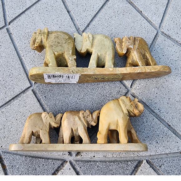 Two Soapstone Hand Carved Triple Elephant Bridge Sculptures